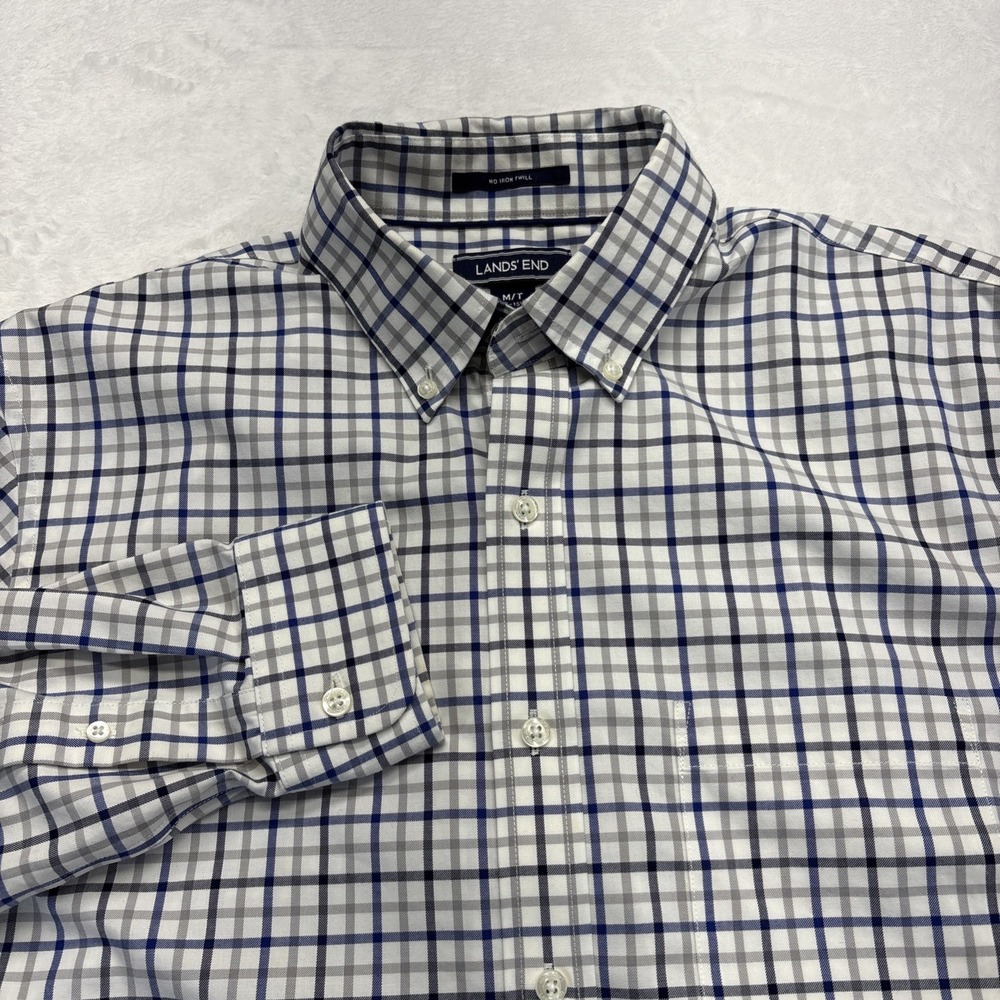 Lands' End Men's Shirt M Tall Blue Plaid Tailored Fit No Iron Twill Long Sleeve